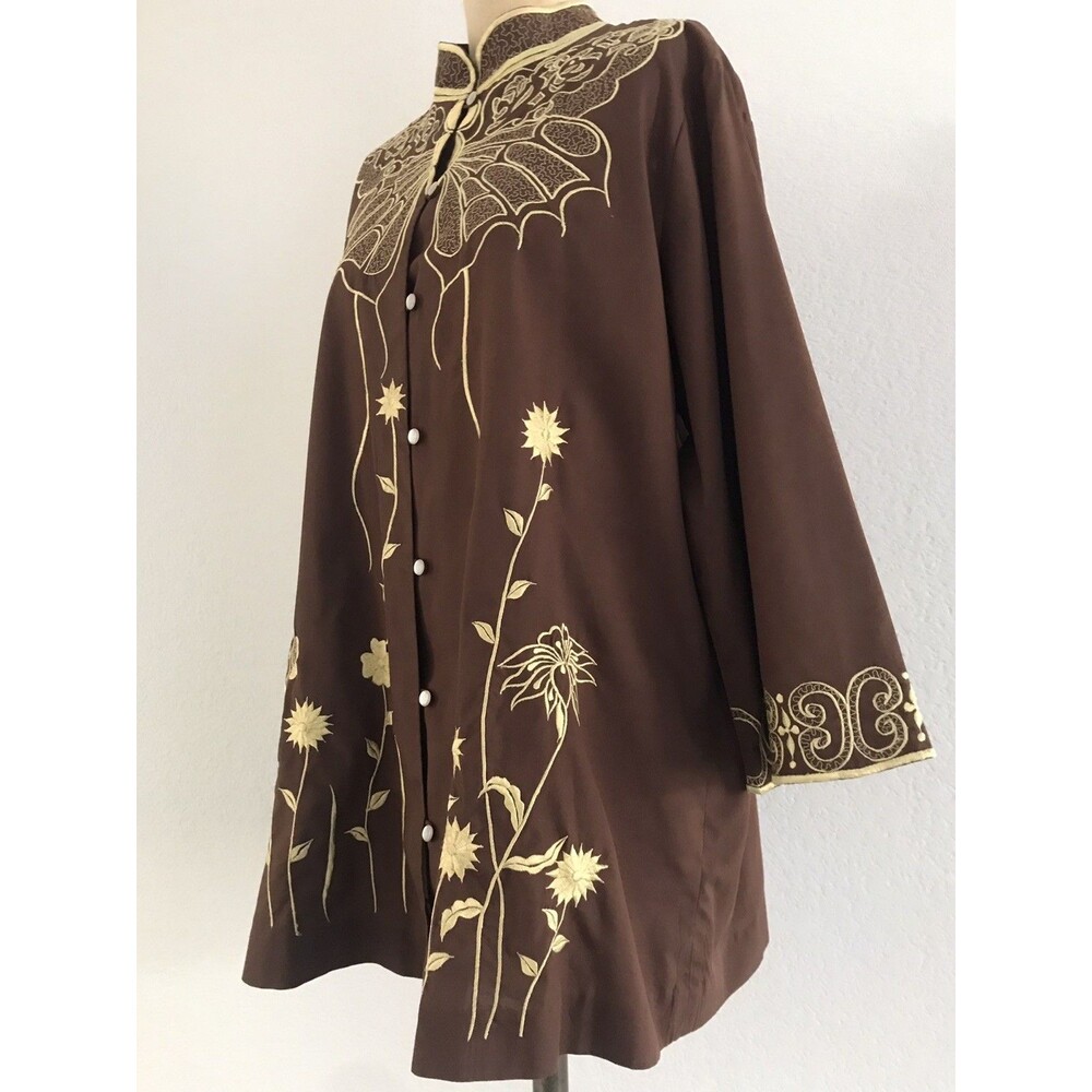 Vintage 1970s Brown Cotton Blend Floral Butterfly Embroidered Relaxed Top L - Picture 3 of 10